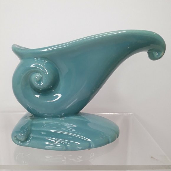 Vintage HAEGER Pottery Planter Blue Aqua Turquoise Clam Shell Wave Green Foil - Picture 4 of 12